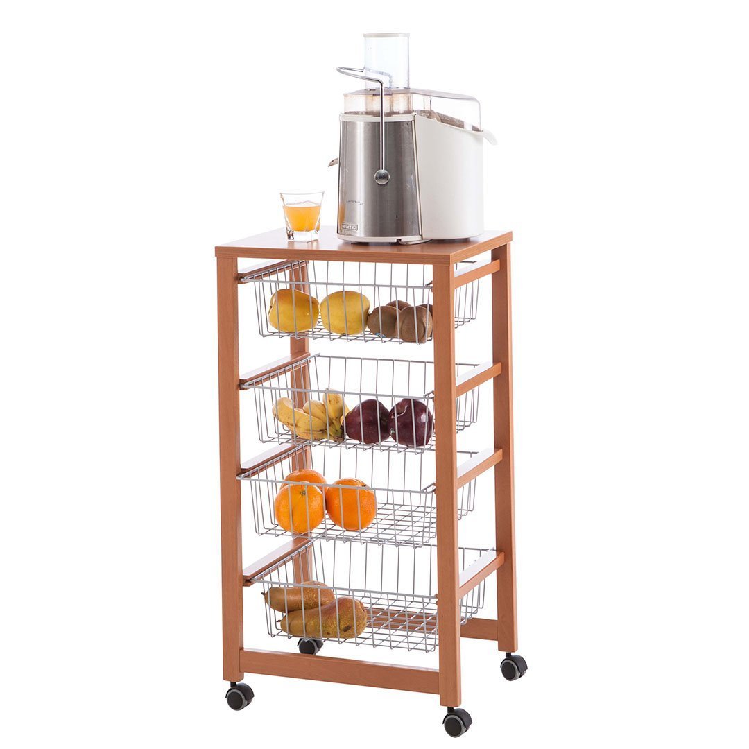 Cherry Wood Color Wooden Kitchen Trolley with 4 Baskets