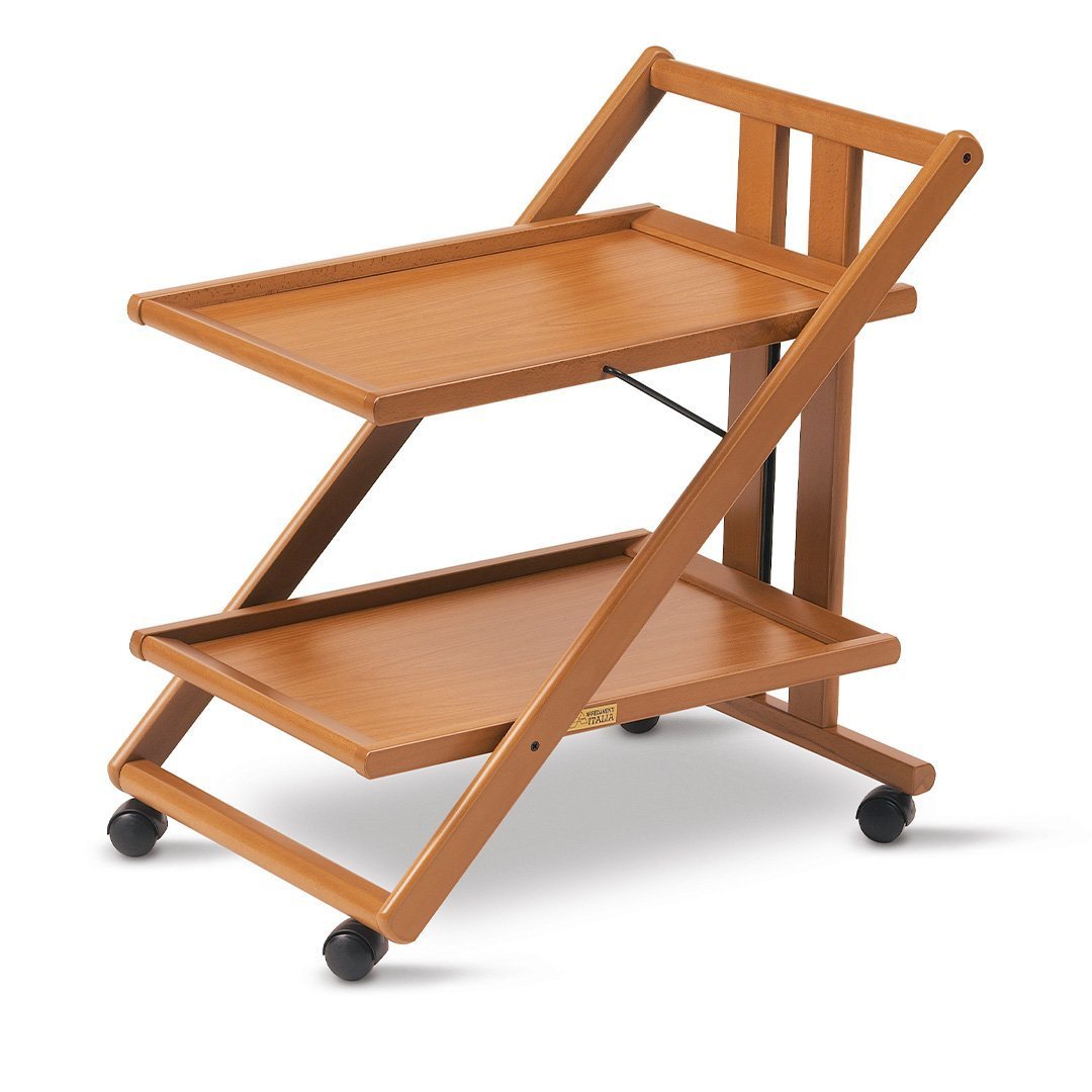 Cherry Wood Color Wooden Foldable Food Service Cart with 2 Shelves