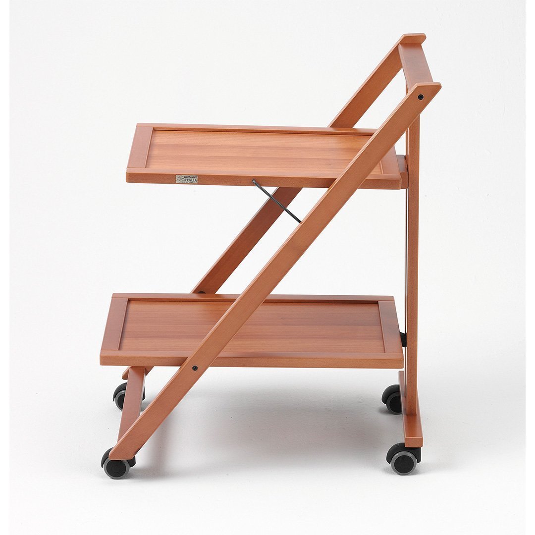 Cherry Wood Color Wooden Foldable Functional Food Service Cart with 2 Shelves