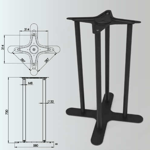 730x32mm Four Post Table Leg Set of 2