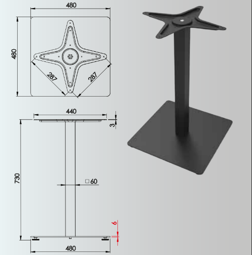 730x60mm Square 48mm Base Table Leg
