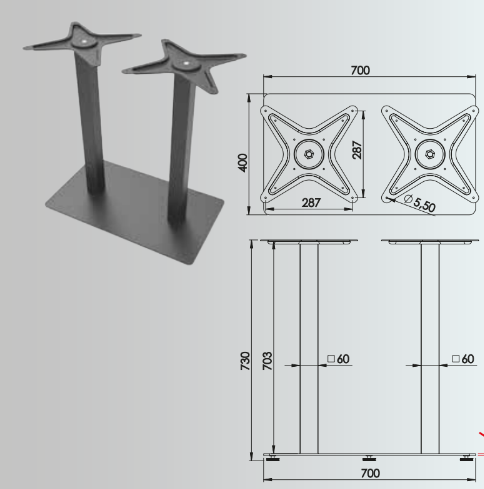 730x60mm Two Post Rectangular Table Leg
