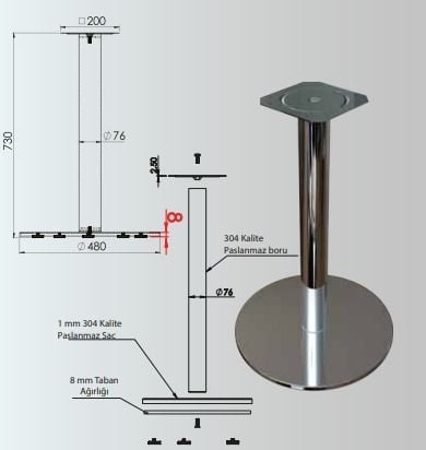 730x76mm Stainless Round Base Table Leg